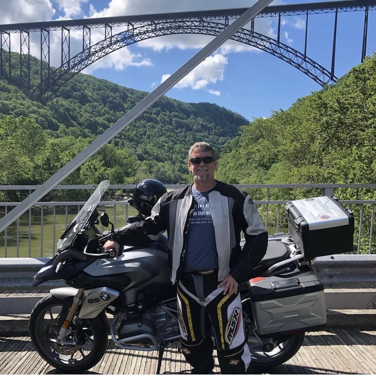 Jon with his BMW motorcycle at New River Gorge Bridge, West Virginia