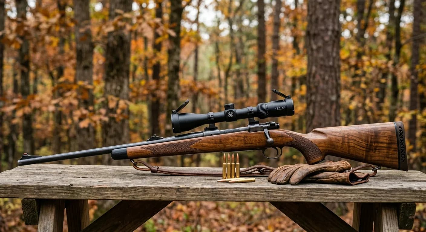 A scoped bolt-action hunting rifle on a wooden table in the fall woods