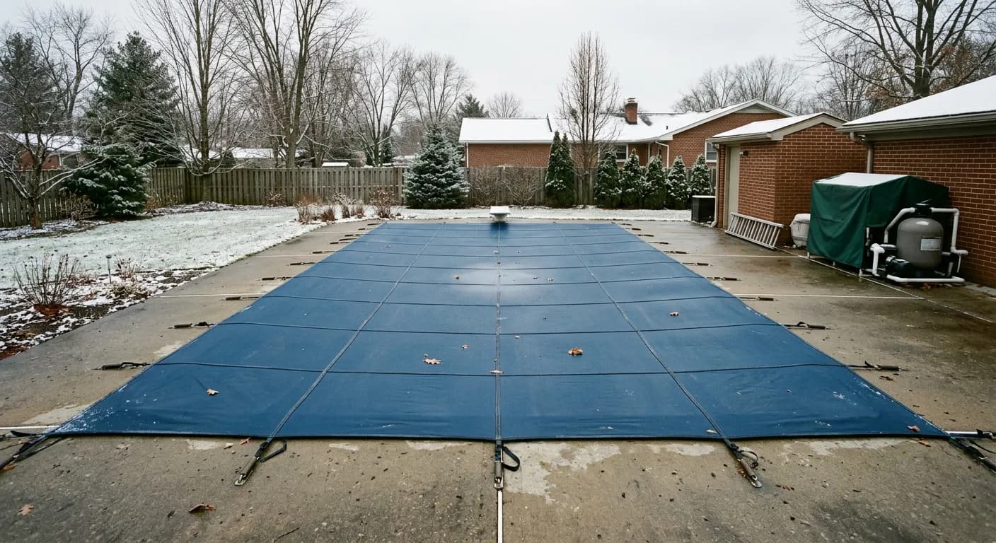 An in-ground pool closed for winter under an anchored mesh safety cover