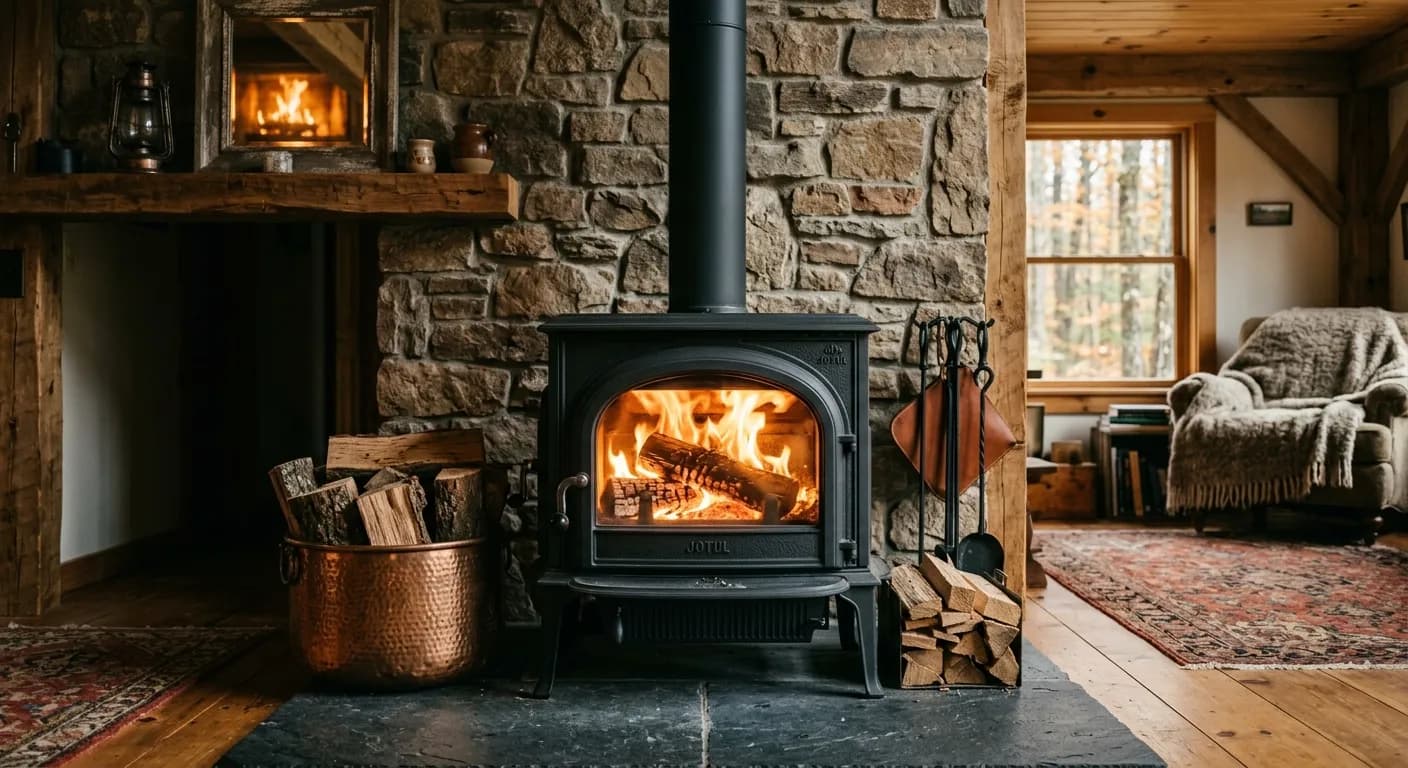 A cast-iron wood stove burning on a slate hearth in front of a stone wall